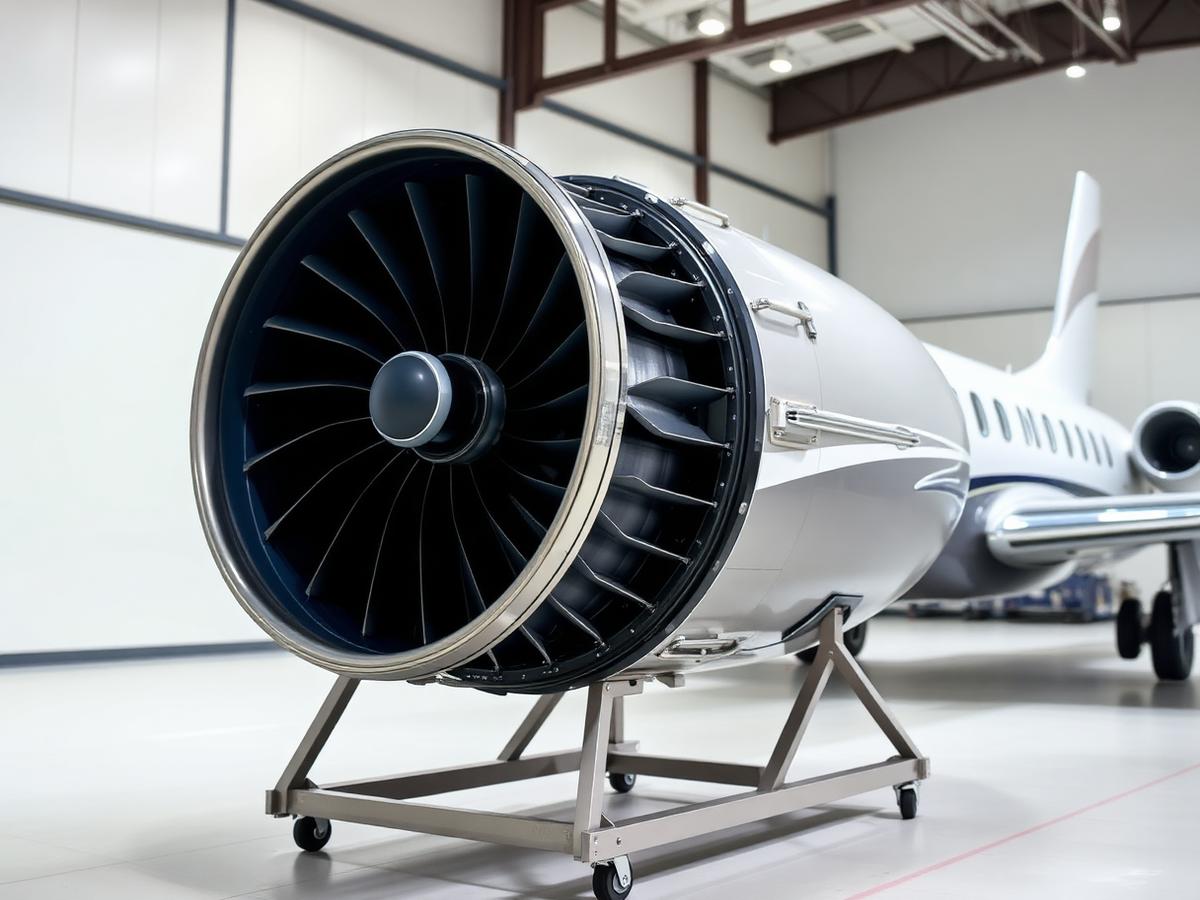 Business jet turbofan engine on a transport stand