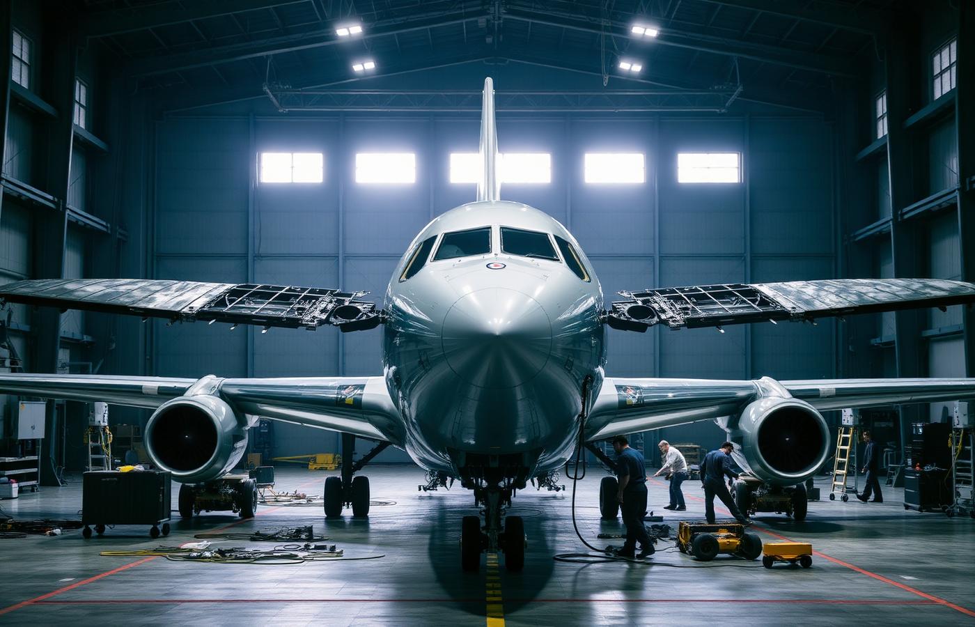 Aircraft being disassembled for parts in a hangar